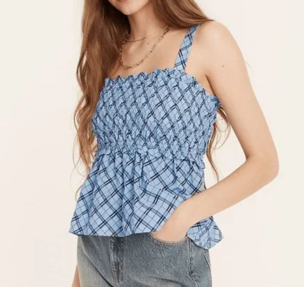 NEW J.Crew Smocked Tank Top Blouse Small Blue Plaid Lightweight Spring Shirred